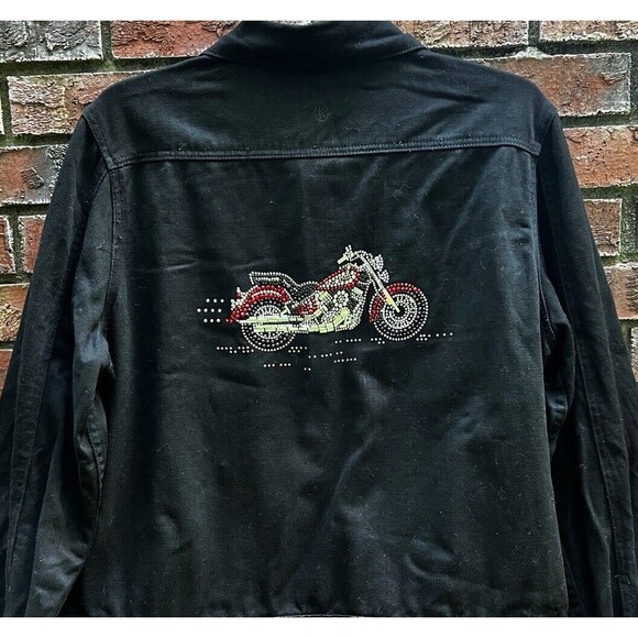 Christine Alexander Black Denim Jacket Sz L Swarovski Crystals Studs Motorcycle - Picture 3 of 10